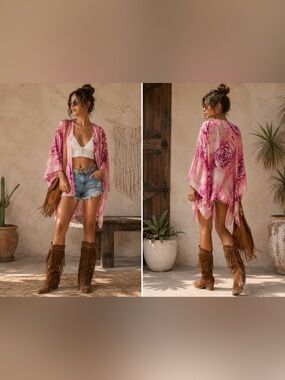 Vintage Dinah Lee Sheer Silk Floral Kimono Duster One Size
